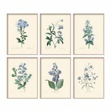 6-Piece Unframed Blue Botanical Flower Canvas Art: Modern & Minimalist Wall Decor For Indoor/Outdoor Spaces, Bedroom, Home Office & Restaurants,2D Flat Print Poster, Frameless Painting