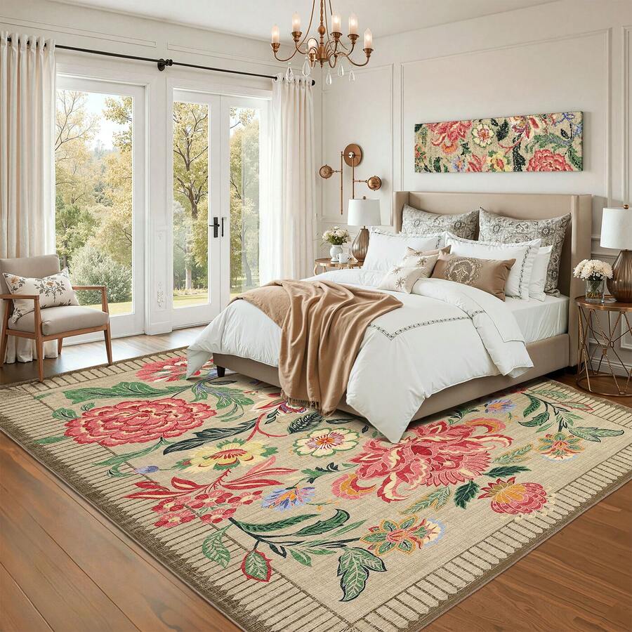 1PCS Room Decor Modern Floral Pattern Area Rug For Living Room Dorm Nature-Inspired Machine Washable Carpet Stain Resistant Non-Shedding Indoor Rug For Dining Room Bedroom Runner For Hallway Kitchen Enterway - Camel - View 1