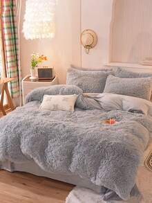 3 件套柔软毛绒水晶毛绒羽绒被套套装（1 个羽绒被套 + 2 个枕套），舒适温暖，可机洗，适用于卧室、客房 - 淺灰色 - 查看 2