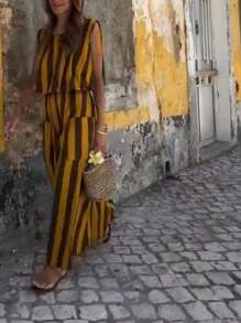 Elegant Leisure Vacation Woman's Striped Small Round Neck Double Pocket Long Dress