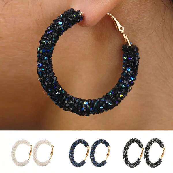 1Pair Crystal Hoop Round Earrings For Women C-Shaped Punk Shiny Rhinestone Geometric Geometric Circle Loop Big Earrings Jewelry Gifts Accessroies