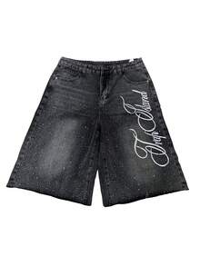 Men's Summer Casual Denim Shorts Knee Length  Letter Embroidered Rhinestone Jeans Shorts - Black - View 2