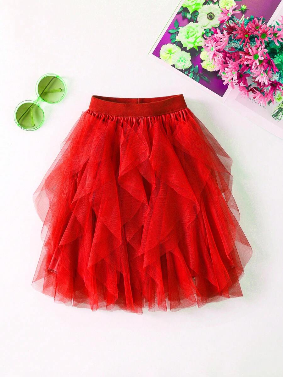 1pc Women's Asymmetrical Layered Ruffle Mesh Tulle Skirt, Cake Skirt - Red - View 1