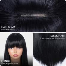 Peluca negra con flequillo para mujeres, peluca negra larga y recta resistente al calor, peluca sintética para uso diario, fiesta, Halloween y cosplay de 24 pulgadas