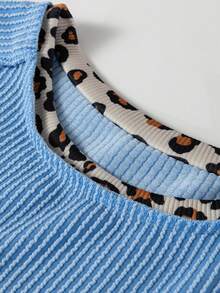 Acelitt 夏季纯色拼接豹纹领设计短袖圆领T恤休闲款 - 藍色 - 查看 7