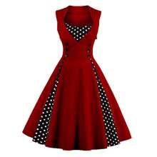 Vestido de mujer estilo vintage rockabilly de los años 50: sin mangas, con cuello en pico, estampado de lunares y floral, ideal para cócteles. - Rojo - Ver 5