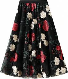 Women's A-Line Fairy Patterned Elastic Waist Ruffle Tulle Layered Midi Skirt - Hoa thêu - Xem 1