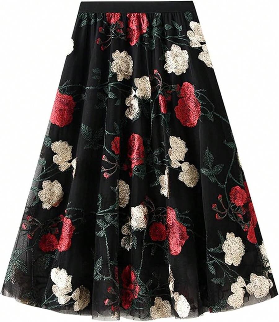 Women's A-Line Fairy Patterned Elastic Waist Ruffle Tulle Layered Midi Skirt - Hoa thêu - Xem 1