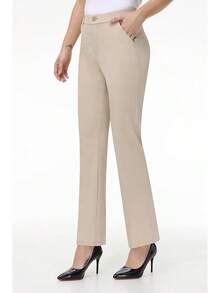 Women's Stretchy Straight Leg Dress Work Pants Business Office Casual Slacks With Pockets, Style - Pale Khaki - View 4