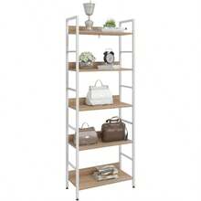 RGB9303hei Standing Shelf Tall Shelf Bookcase Metal Shelf Shoe Rack Bathroom Shelf Flower Stairs Made of Wood and Steel with 5 Shelves Approx. 60 x 27.5 x 160 cm White + Light Oak - 5Ebenen(60x275x160cm) - Übersicht 1