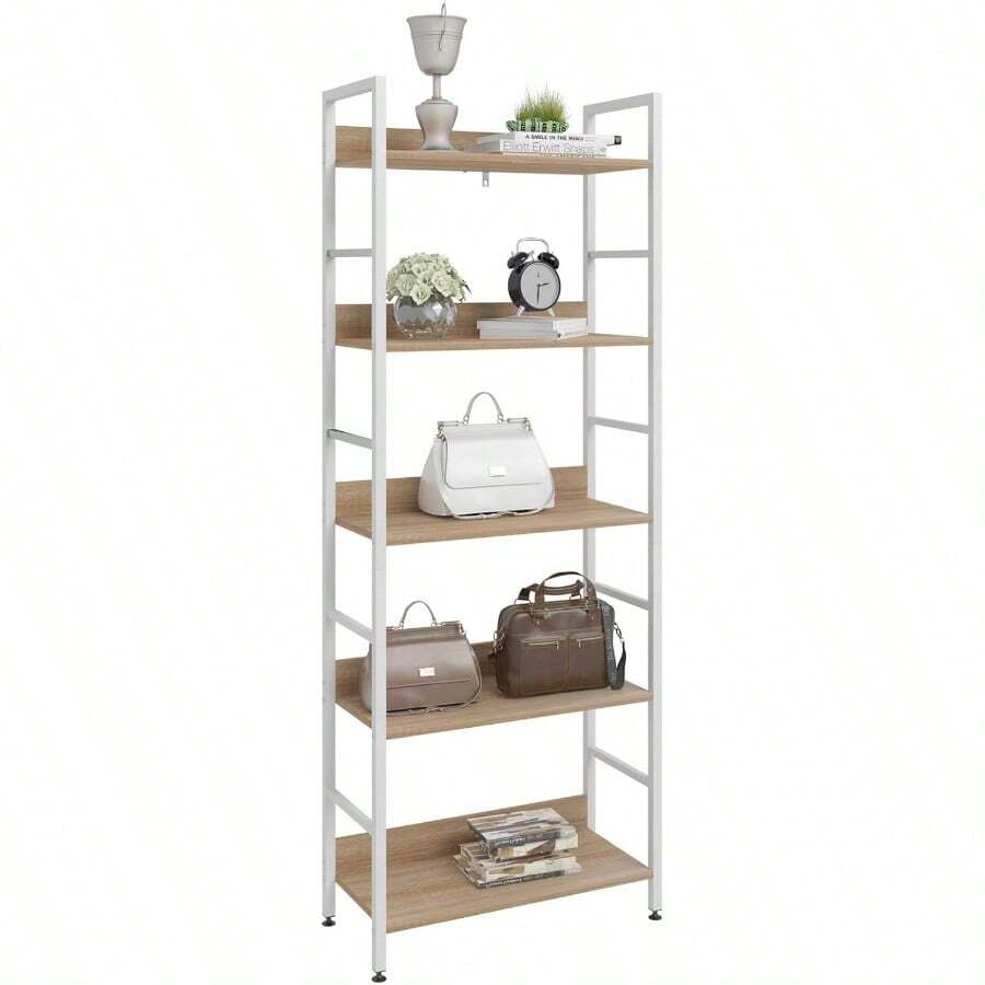 RGB9303hei Standing Shelf Tall Shelf Bookcase Metal Shelf Shoe Rack Bathroom Shelf Flower Stairs Made of Wood and Steel with 5 Shelves Approx. 60 x 27.5 x 160 cm White + Light Oak - 5Ebenen(60x275x160cm) - Übersicht 1