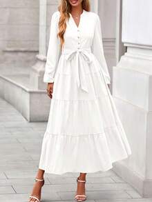 Women's  Fall Boho Maxi Dresses Long Sleeve V Neck Belted Ruffle A Line Long Flowy Dress With Pockets Fall Dresses For Women - 白色 - 查看 6