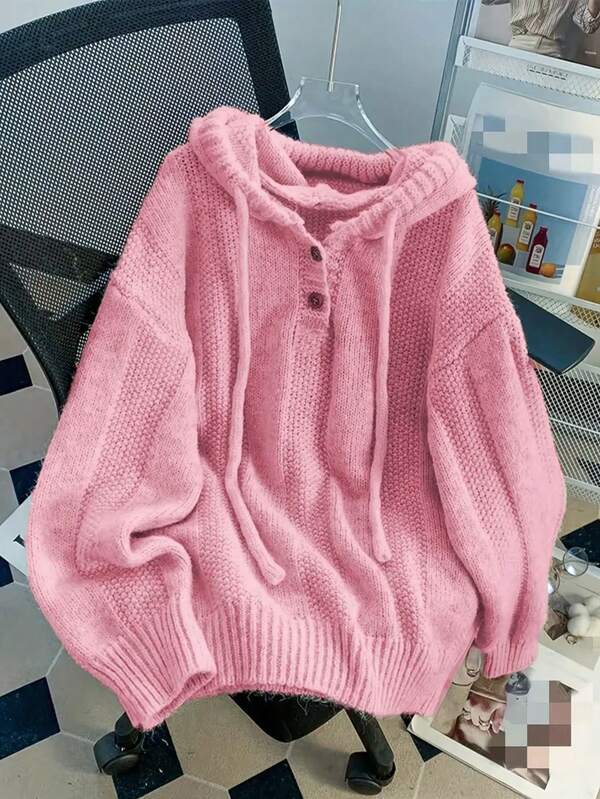 Women's Knit Sweater, Youthful & Elegant, Solid Color Pullover Hoodie V-Neck Sweatshirt, Fashionable & Charming Dopamine Color, Warm Long Sleeve Pullover Sweatshirt