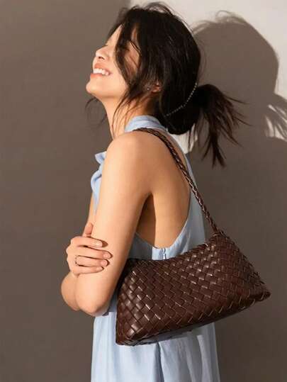 1pc Vintage Woven Shoulder Bag + Drawstring Pouch Set, Handmade Artsy Style Bag Suit, Summer New Niche Versatile Handwoven Shoulder/Underarm Bag, Suitable For Daily Work, Shopping, Commuting, Vacation