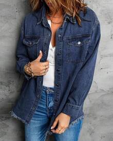 Vetinee Women's Oversized Button Up Frayed Hem Shacket Long Sleeve Pockets Denim Jean Jacket - Dark Blue - 查看 2