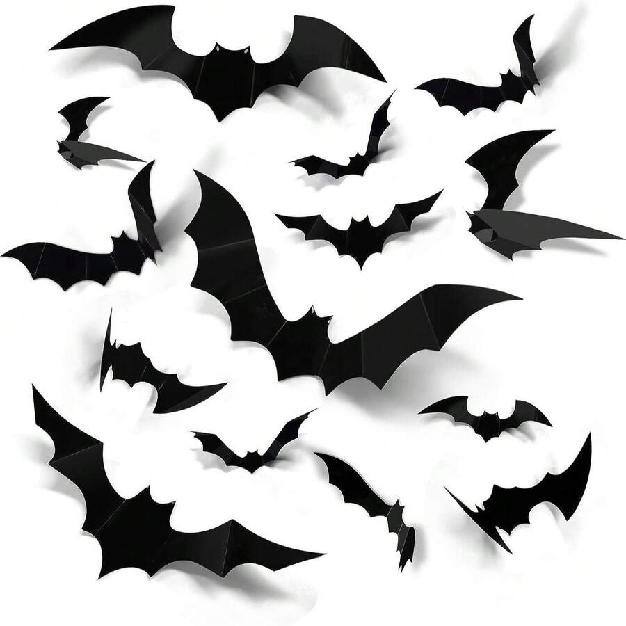 12pcs Bat Wall Stickers, Suitable For Various Festivals, Halloween Decoration - Black - View 1