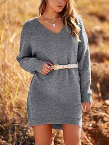 Women's Pullover Sweater Dress Casual Long Sleeve Ribbed Knit V Neck Loose Oversized Sweaters Dresses - 灰色 - 查看 4
