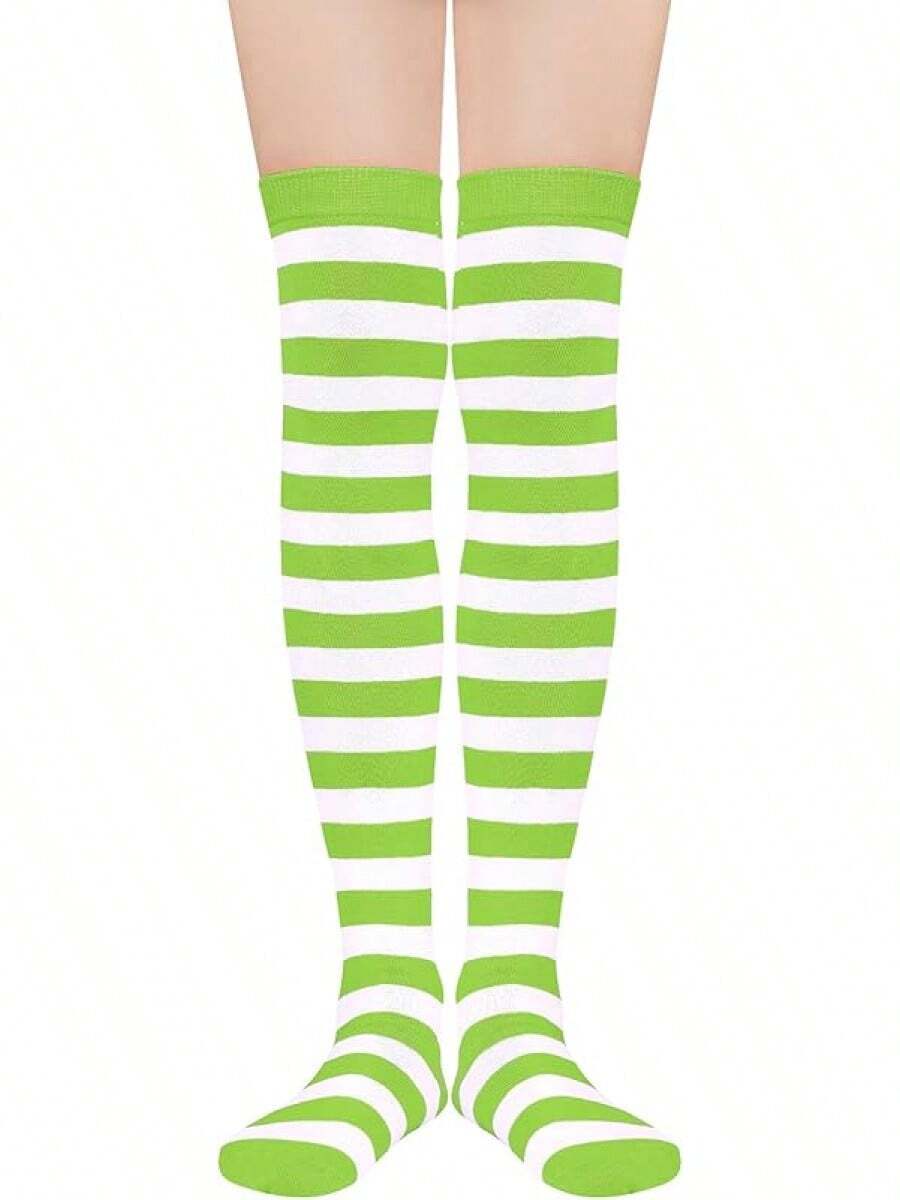 Womens Thigh High Socks Striped High Knee Socks Knee High Socks For Cosplay Long Socks Over The Knee Leg Warmers - Green Stripes - View 1