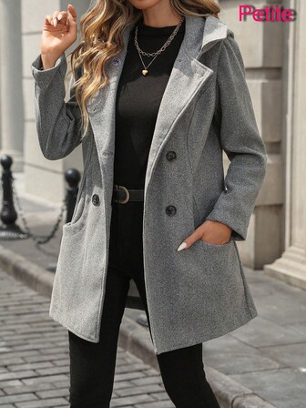 女士羊毛混纺纯色连帽双排扣直筒中长商务休闲办公室小外套，秋冬