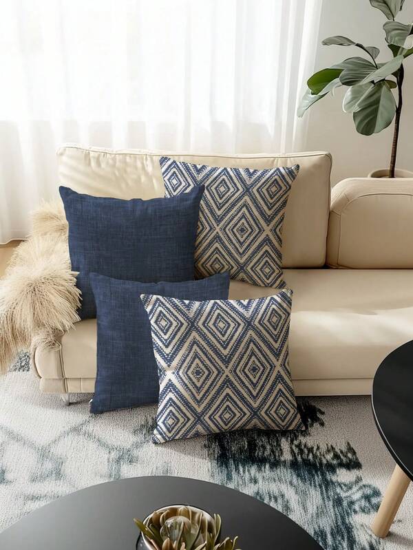4pcs Decorative Pillow Covers, Geometric Pattern, 100% Hypoallergenic Polyester Fiber Cushion Covers, Vintage Linen Material, Invisible Zipper, Machine Washable, Minimalist Modern Line Design, Zipper Closure, Home Decor Throw Pillow Covers For Sofa, Living Room, Bedroom, No Pillow Insert
