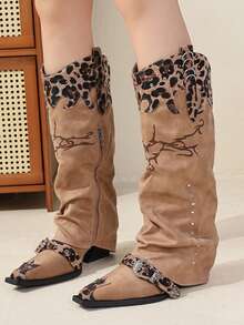 Western Cowboy Boots With Leopard Print Patchwork, Casual Vintage Outdoor Fabric Strap Riding Boots - Brown - View 2