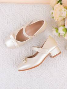 女童时尚白色和香槟色蝴蝶结装饰优雅高跟正装鞋，适合正式礼服、演奏会、芭蕾舞、婚礼、派对，适合幼儿、小女孩和大女孩