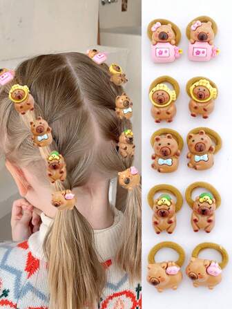 10pcs/Pack Capybara Design Hair Ties For Little Girls, Cute Cartoon Fabric Hair Scrunchies, Brown