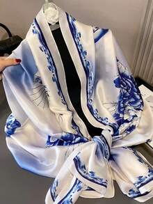 1条女士印花仿丝围巾，时尚百搭，适合春秋季节、旅行及日常装饰。 - 藍白色 - 查看 2