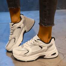 American Retro Contrast Color Running Shoes, Mesh Breathable, Thick Bottom Cushioning, Campus, Street, Daily Wear Template, Running Shoes To Grasp The Relaxation Feeling, 5cm High Casual Shoes - 黑色 - 查看 5