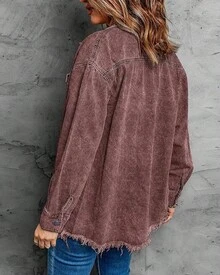 Vetinee Women's Oversized Button Up Frayed Hem Shacket Long Sleeve Pockets Denim Jean Jacket - 棕色石 - 查看 2