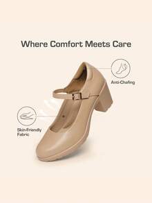 Women's Chunky Low Block Heels Pumps Mary Janes Closed Round Toe Comfortable Elegant Solid Color Dating Vacation Classic Dress Work Shoes - 杏色 - 查看 3