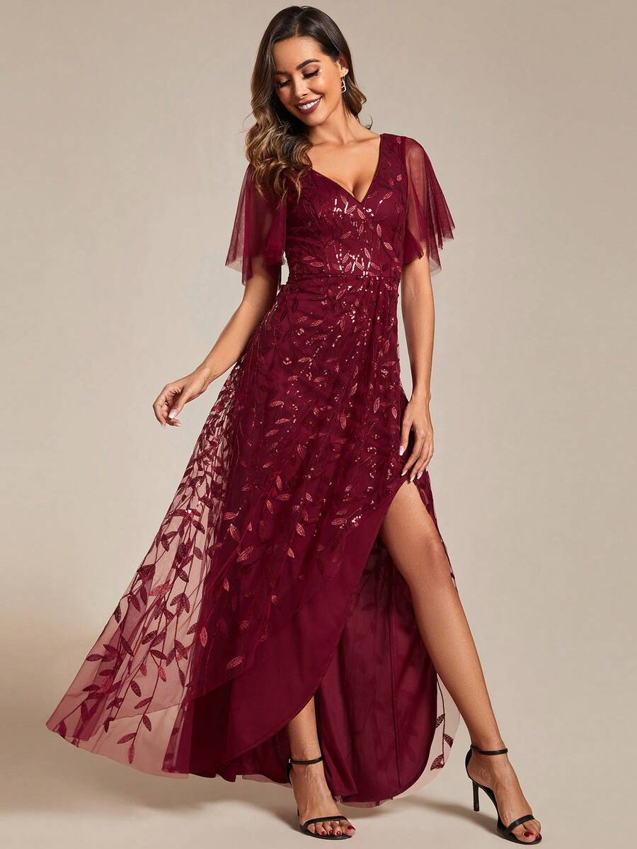 V-Neck Sequin Slit High Waist Bridesmaid Dress Wedding Party