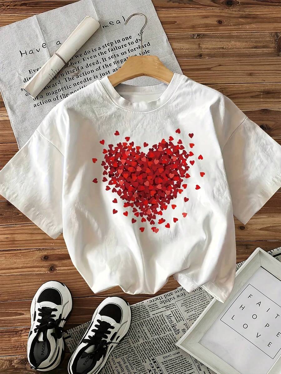 Valentine's Day Heart Print Short Sleeve Crew Neck T-Shirt Minimalist Style Sweatshirt - 白色 - 查看 1