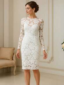 Vestido Noiva Civil Branco Midi Renda - Branco - Visão 1