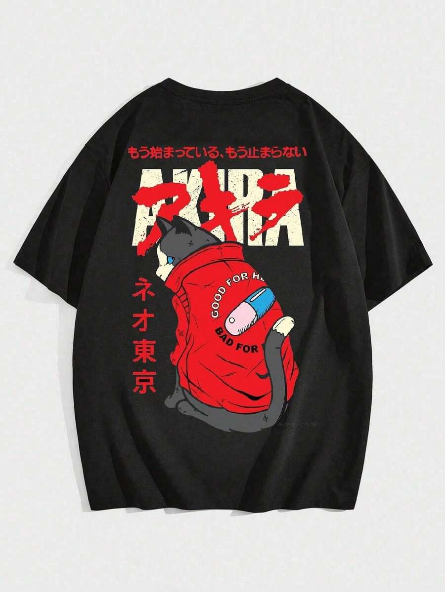 Anime Manga Akira T-Shirt Cat Motorcycle Japan Animation Geek Unisex Male Female 100% Cotton Top Premium Streetwear Launch Immediate Shipping Various Colors!! Plus Size - 黑色 - 查看 1