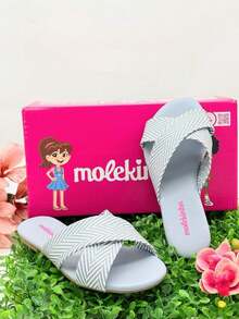 Girls' Flat Sandals, Slide Molekinha, Comfortable Youth - Blue Tresse - View 7