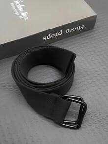 1pc Men's Canvas Belt, Minimalist Double Ring Buckle Design, Unisex, Black D-Ring Canvas Belt, Extended Half-Round Ring Canvas Pants Belt - Black - View 6