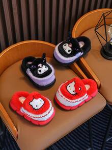 Sanrio 1 Pair New Kuromi Plush Home Slippers, Suitable For Children And Girls. These Slippers Are Warm And Comfortable For Autumn/Winter, With A Novel Design. Non-Slip And Wear-Resistant, Suitable For Indoor Wear At Home.