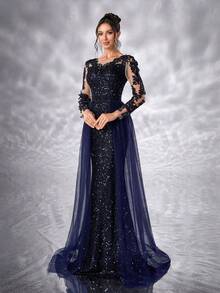 YISIKADO Women Sequin Glitter Evening Dress Floral Appliques Mesh Long Sleeve Round Neck Formal Prom Party Dress Ball Gown Wedding Guest Dress, For Graduation, Banquet Dinner Ceremony Celebration Ceremonial Dress - Navy Blue - View 2