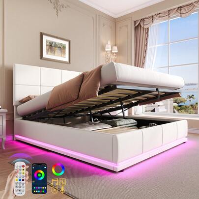  Flieks Double Bed With LED Lighting, PU Leather Upholstered Bed With Hydraulic Storage, 4ft6 Double Bed Frame With Adjustable Square Tufted Headboard, Cream White (No Mattress)
