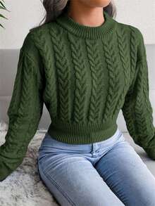 Women's Cable Knit Crew Neck Long Sleeve Cropped Pullover Sweater, Casual For Autumn/Winter - xanh quân đội - Xem 1