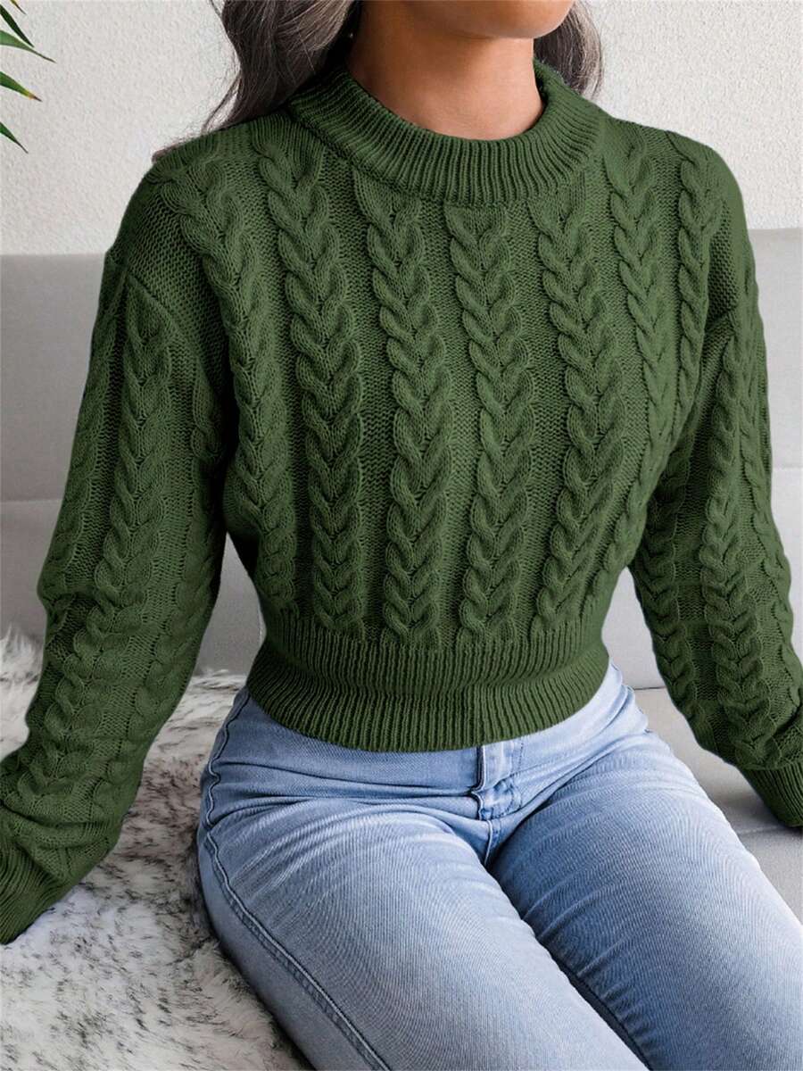 Women's Cable Knit Crew Neck Long Sleeve Cropped Pullover Sweater, Casual For Autumn/Winter - xanh quân đội - Xem 1