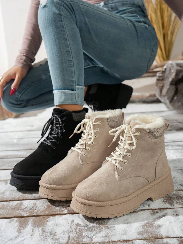 Women's 2025 Autumn And Winter Flat Bottom Round Toe Lace-Up Apricot Ankle Boots, Women's Fashion High-End Outdoor Work Light Anti-Skid Sports Boots, Women's Home Soft Comfortable Warm Snow Boots, Halloween Female College Students Outdoor Sports Leisure Versatile Slim Motorcycle Boots - Apricot - View 1