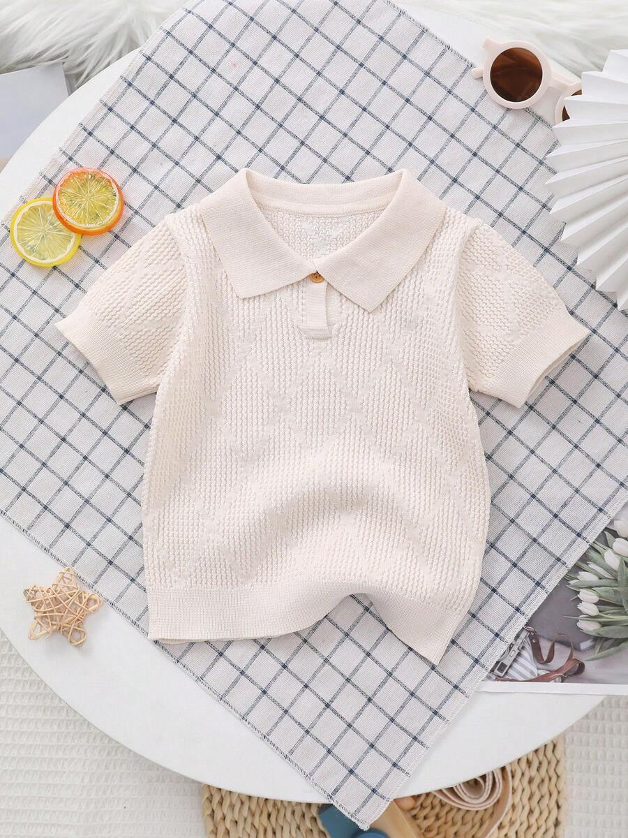 Baby Boy Knitted Collared Soft & Comfortable Top - Beige - View 1
