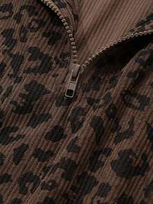 YI XUAN Sweatshirt Setengah Resleting Motif Leopard Ukuran Besar untuk Wanita, Sweatshirt Streetwear Longgar, Kasual Musim Gugur/Semi - Rust Brown - View 5