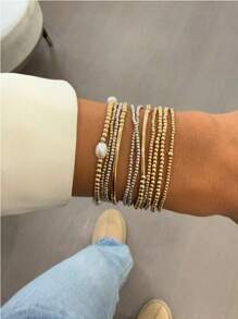 11Pcs Fashionable CCB Gold & Silver Bead Faux Pearl Multilayer Elastic Bracelet Set, Stackable Bracelets For Women, Daily, Vacation, Party Jewelry - Bracelet - View 7
