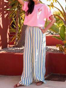 Pantalon rayé en polyester, convient pour le quotidien, les vacances, les rendez-vous, les anniversaires, les fêtes, la rentrée scolaire, les voyages, les festivals de musique country, les sports et la remise en forme, le printemps/l'été