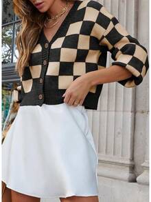 Women's Checkered Button Down Long Sleeve Knit Cropped Cardigan Sweater Tops, Style - 杏 - 查看 2