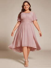 Plus Size Elegant Chiffon Round Neck Short Sleeve High-Low Hem Bridesmaid Dress, High Waist Design