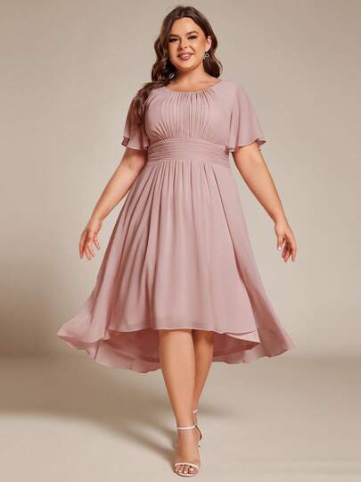 Plus Size Elegant Chiffon Round Neck Short Sleeve High-Low Hem Bridesmaid Dress, High Waist Design